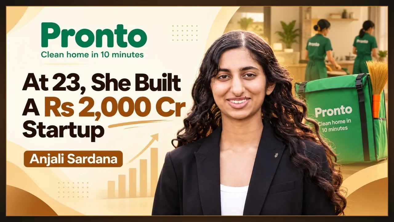 Portrait of Pronto founder Anjali Sardana with startup branding and home cleaning workers in the background.