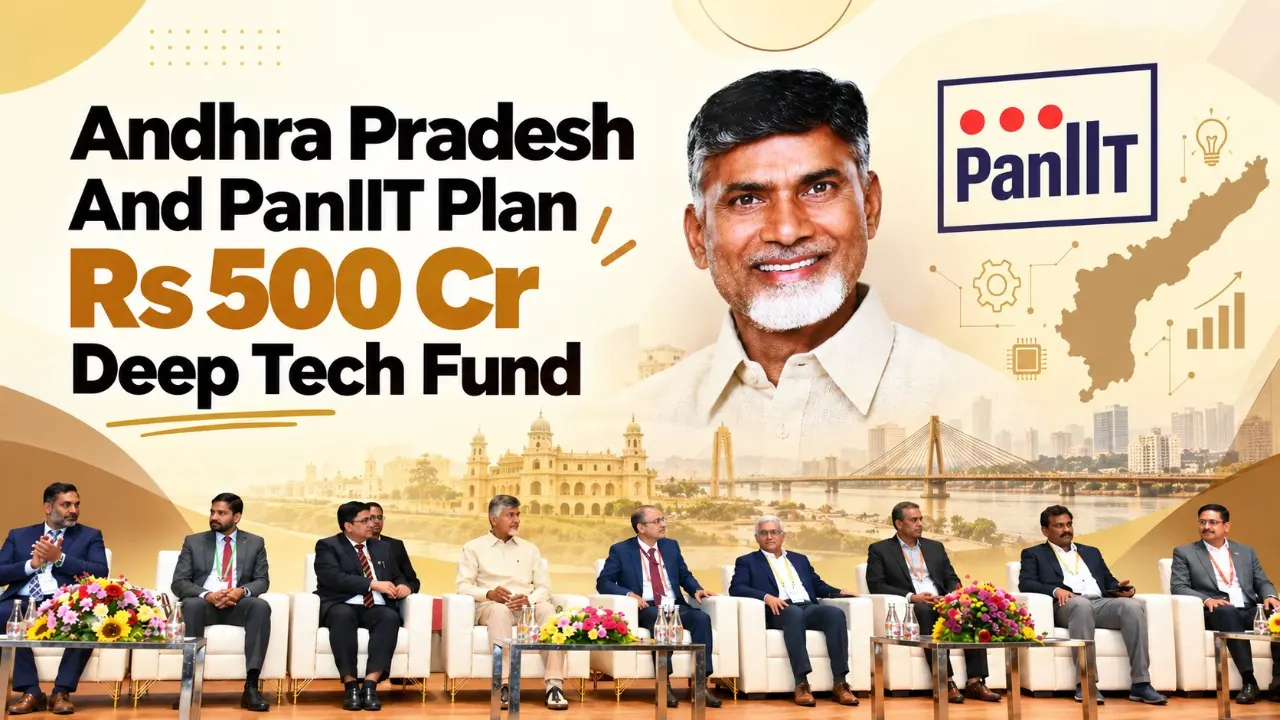 Panelists sit onstage beneath a graphic announcing Andhra Pradesh and PanIIT's planned Rs 500 crore deep tech fund.