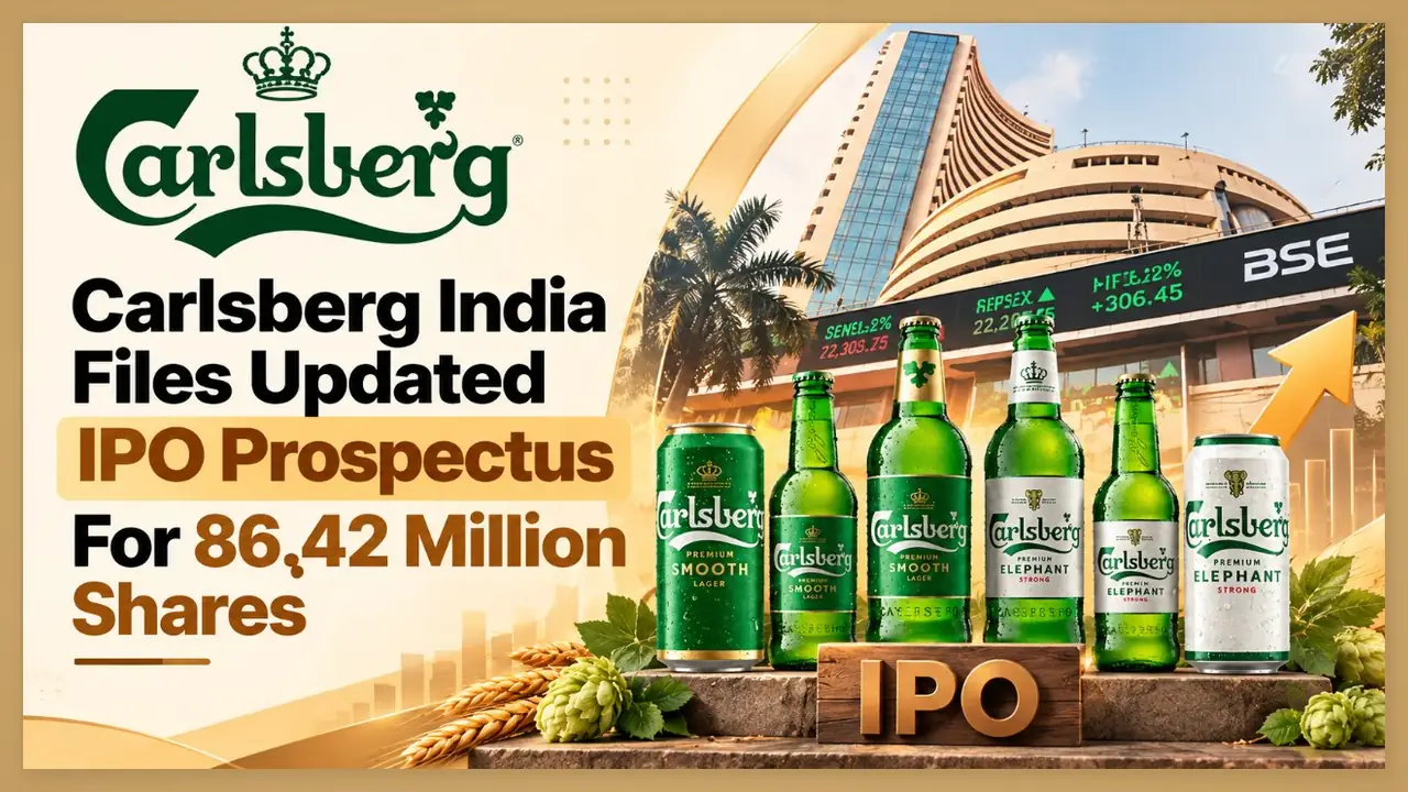 Carlsberg India beer bottles and cans with the BSE building behind, after filing its updated IPO prospectus