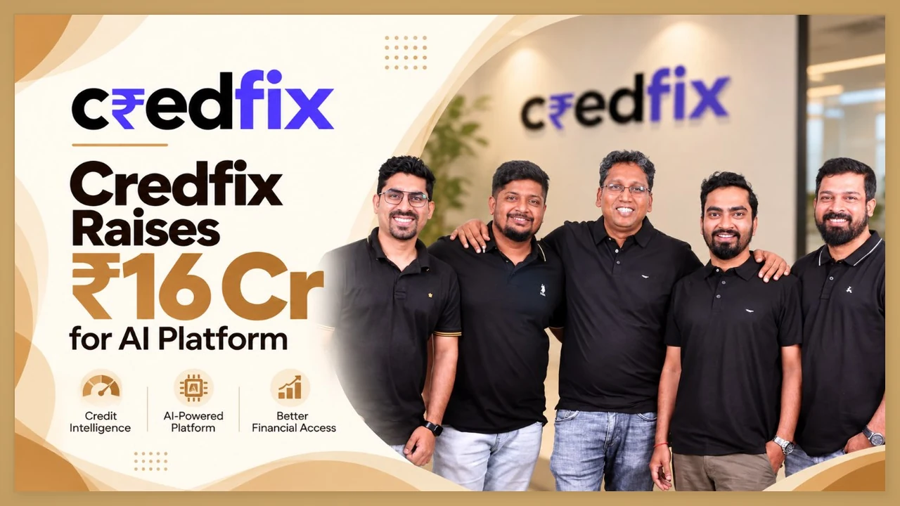 Credfix team poses beside announcement of Rs 16 crore funding for its AI-led debt resolution platform.