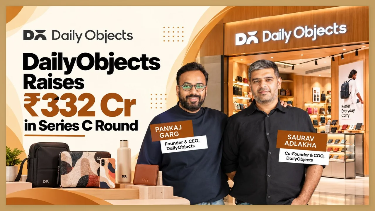 DailyObjects founders Pankaj Garg and Saurav Adlakha pictured beside fundraising announcement and branded products.