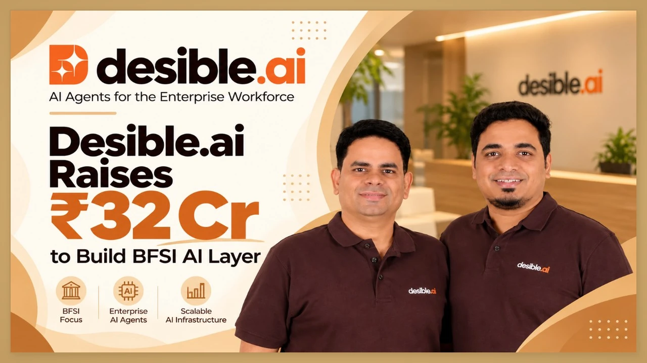 Desible.ai founders pose beside announcement of Rs 32 crore funding for agentic AI in BFSI.