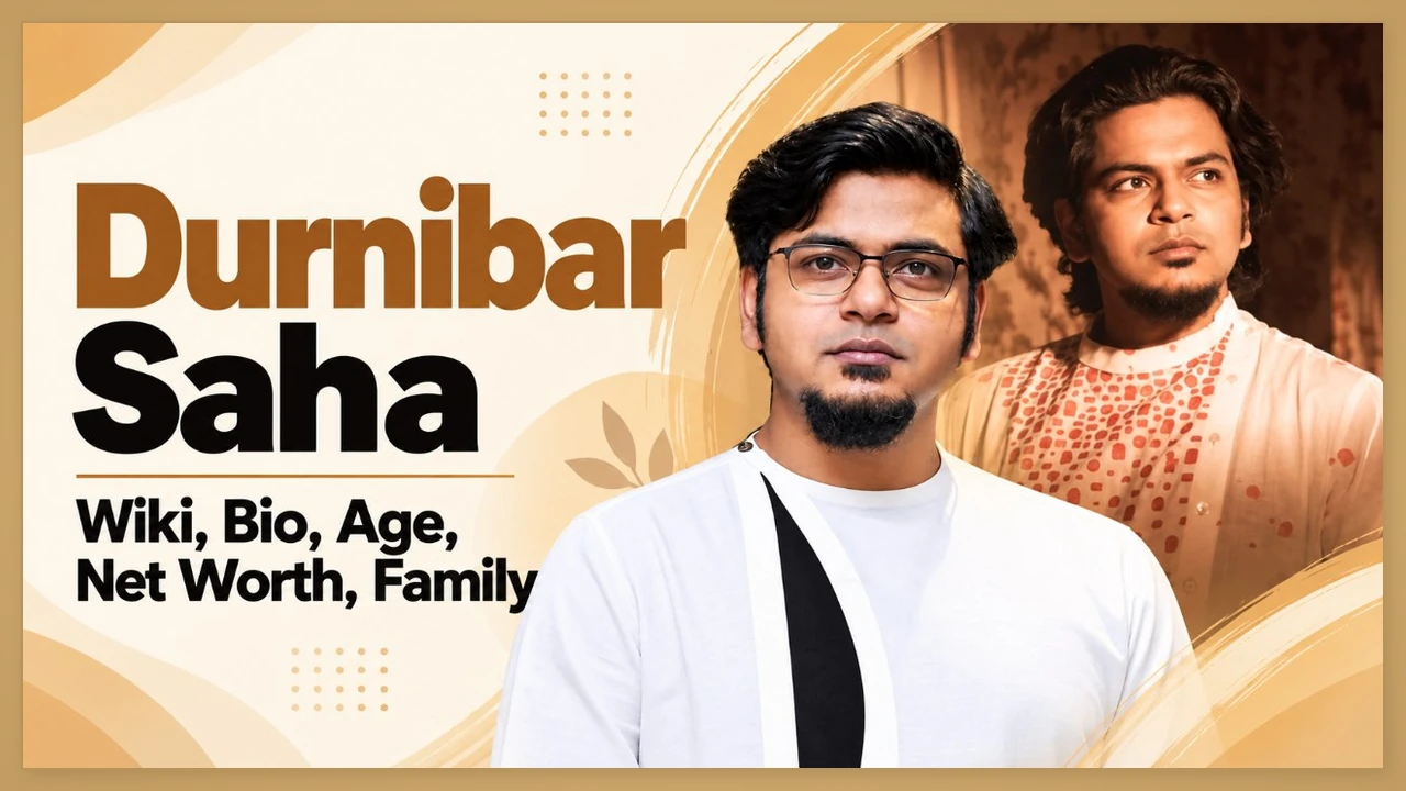 Durnibar Saha of Bigg Boss Bangla Season 3 in a biography graphic with his name and show credits