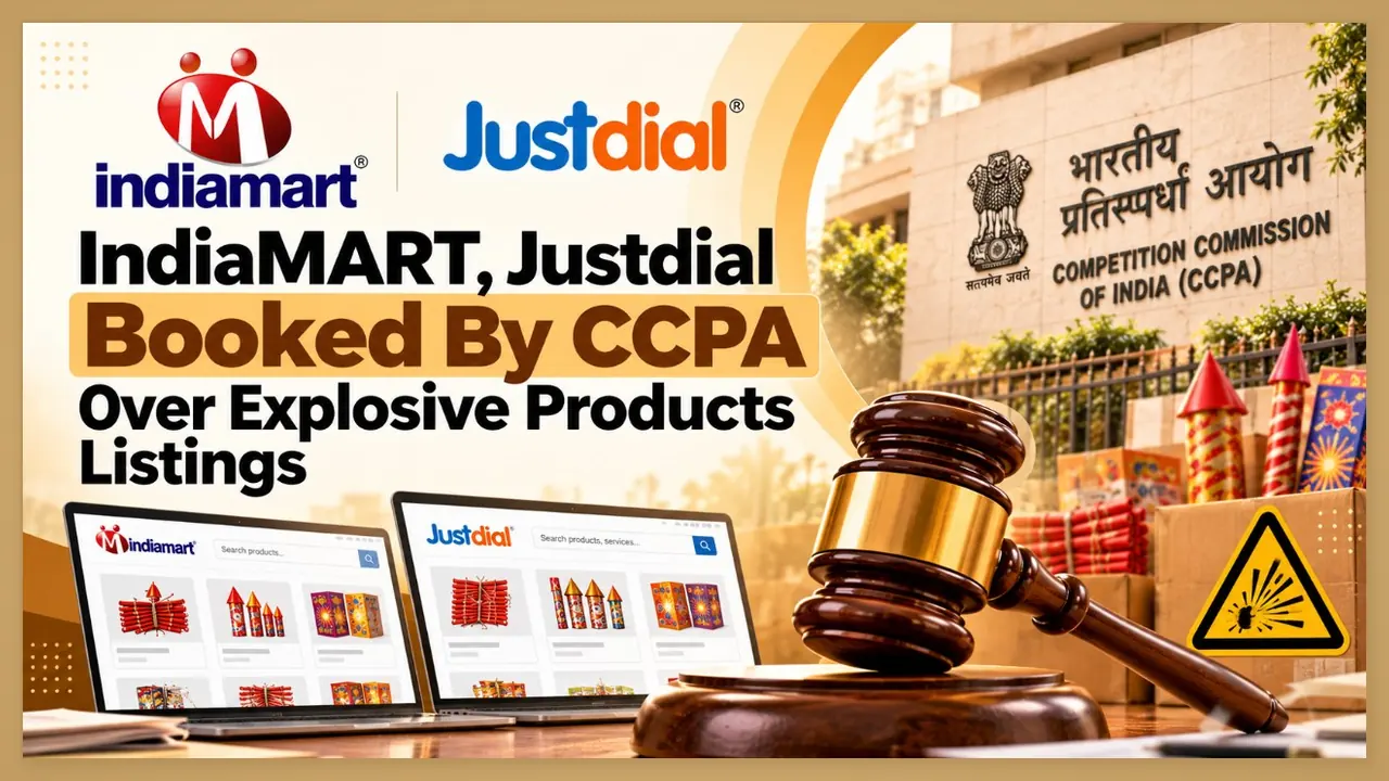 IndiaMART and Justdial platforms shown with a gavel and explosives, after CCPA action over unauthorised explosive product listings