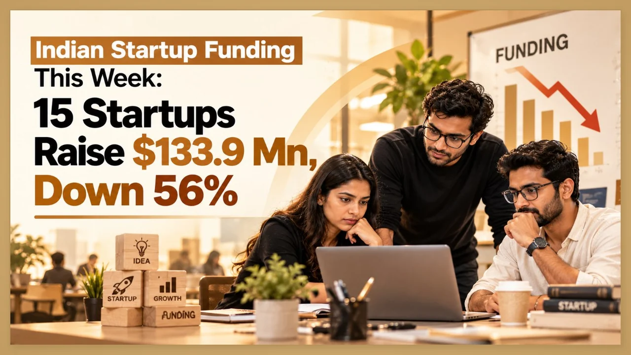Indian startup funding this week graphic showing 15 startups raising 133.9 million dollars, down 56 percent