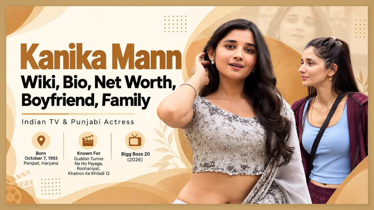 Kanika Mann poses in a silver embellished outfit beside biography text about her career and personal life.
