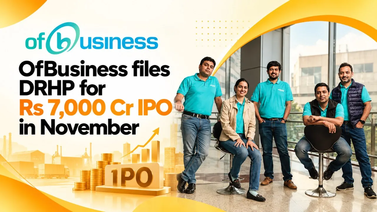 OfBusiness IPO graphic with company branding, fundraising text, and five team members posing indoors.