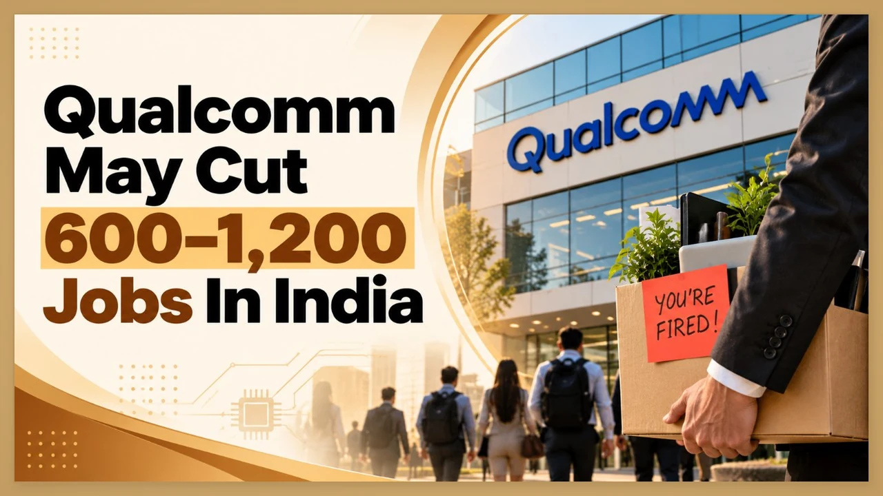 An employee carrying a box outside a Qualcomm office, after reports of 600 to 1,200 job cuts in India