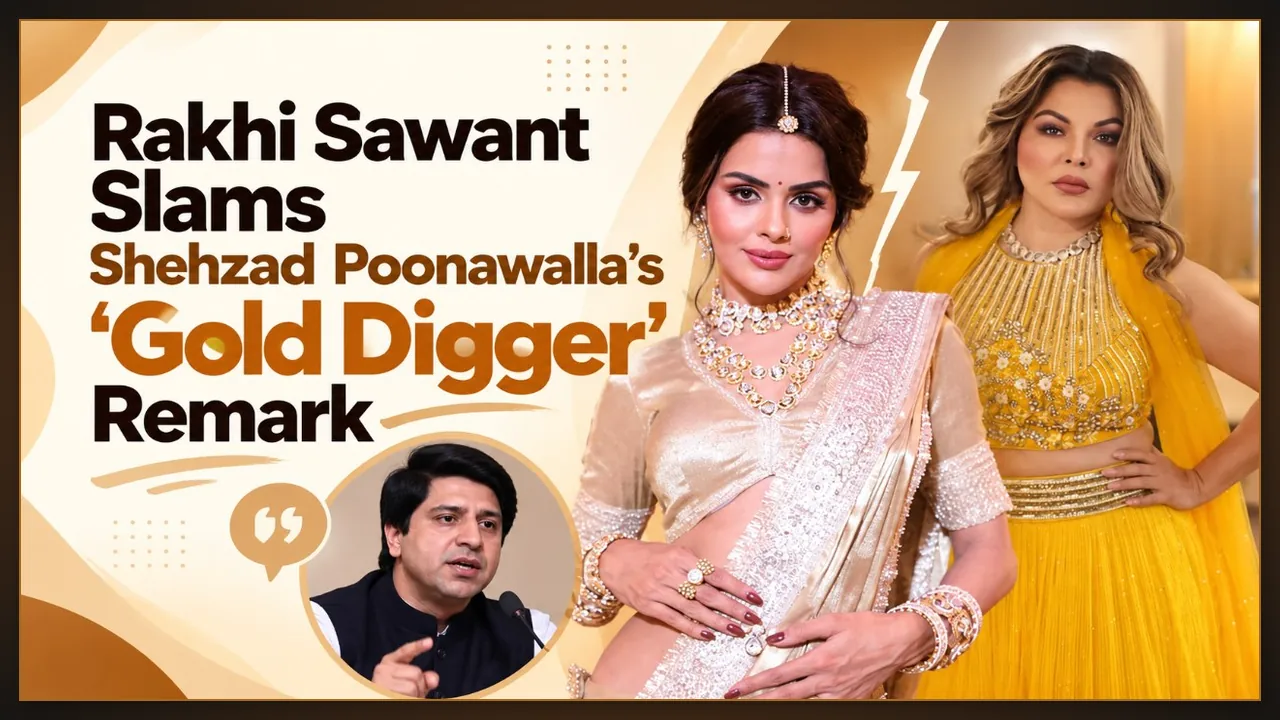 Graphic shows Priyanka Chahar Choudhary, Rakhi Sawant and Shehzad Poonawalla amid Rakhi defending Priyanka on Rise and Fall 2.