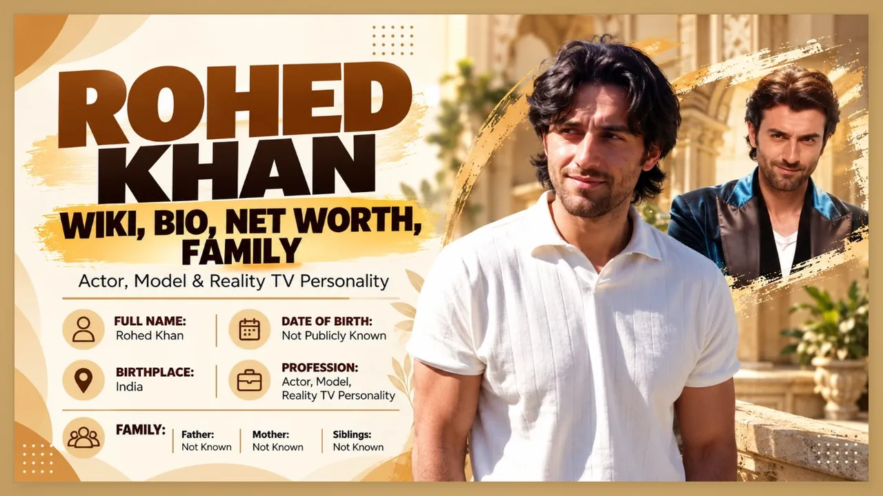 Portrait graphic of actor Rohed Khan with biography text and two photos against a warm-toned architectural background.