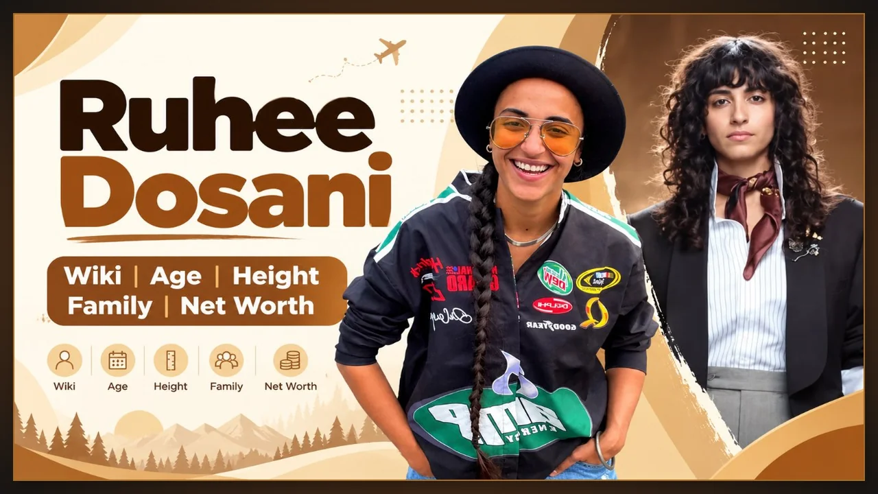Promotional graphic of dancer and digital creator Ruhee Dosani with her name and profile topics like age, family, and net worth.
