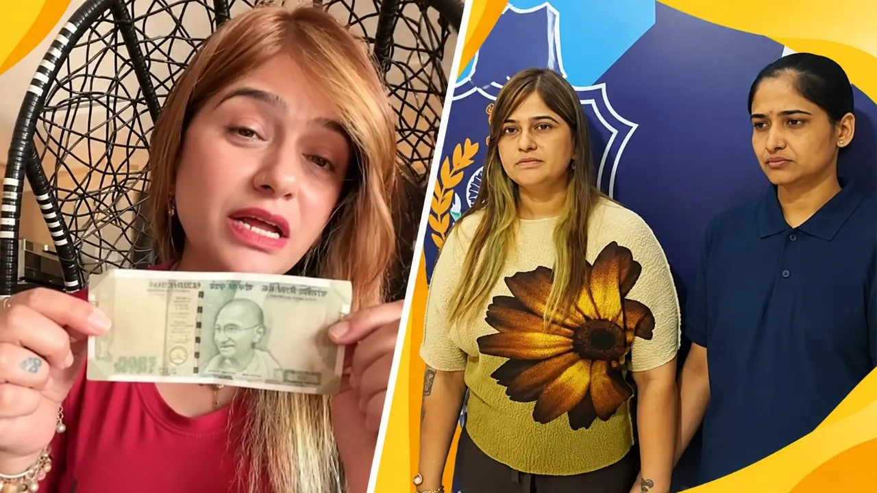 Split image shows Simran Patel holding a currency note and standing beside a police officer.