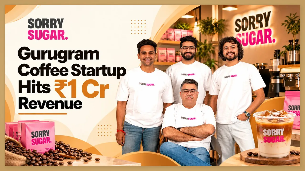 Four Sorry Sugar founders pose in their Gurugram cafe beside text about reaching ₹1 crore revenue.