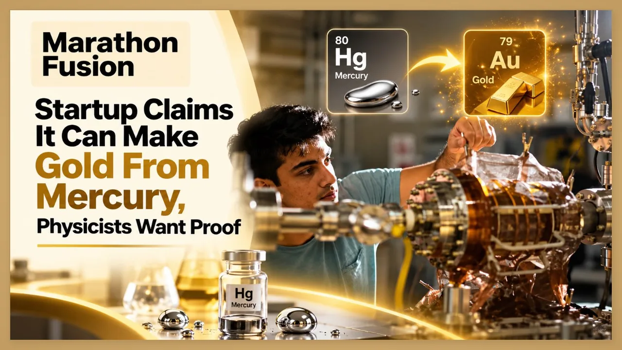 A technician working on a fusion device, with mercury shown converting into a gold bar, representing Marathon Fusion's transmutation claim