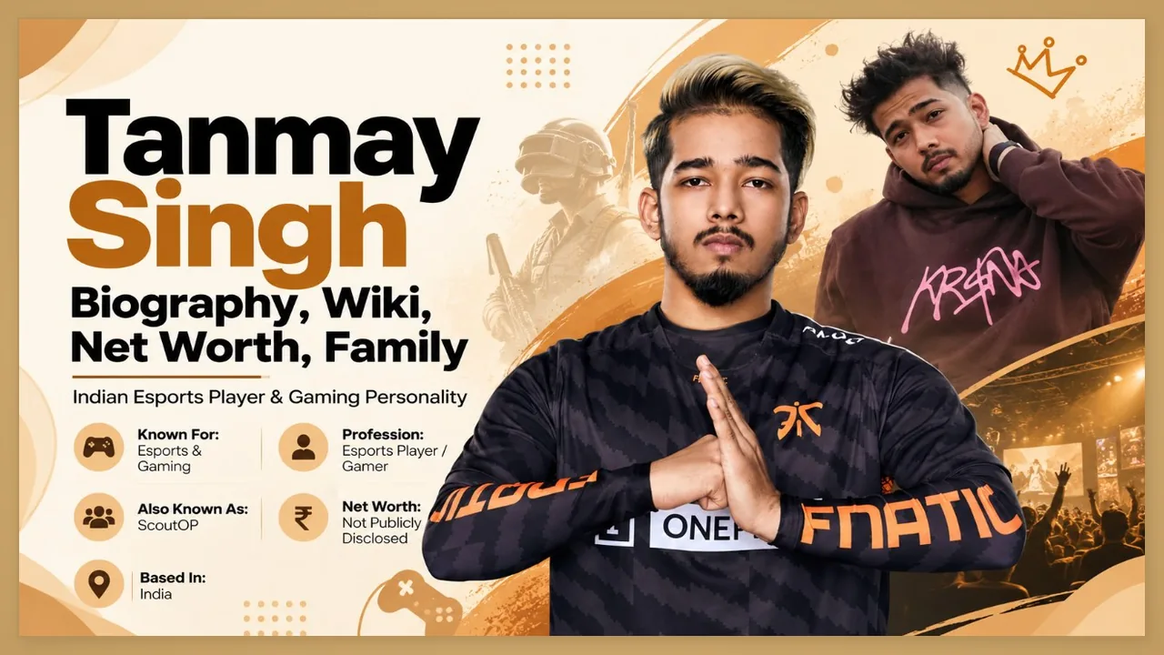 Promotional graphic for Tanmay Singh biography, featuring the Indian esports gamer in Fnatic jersey and casual hoodie.