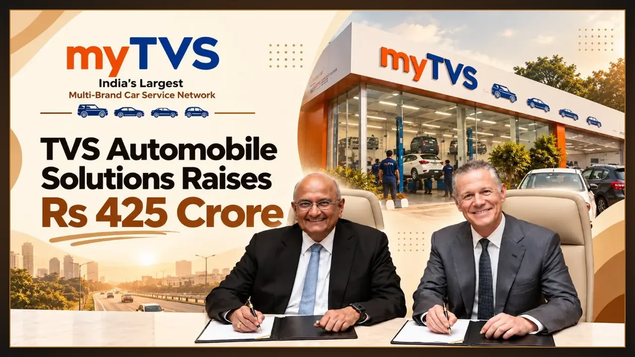 Promotional graphic shows two executives signing documents before a myTVS service center and fundraising announcement text.