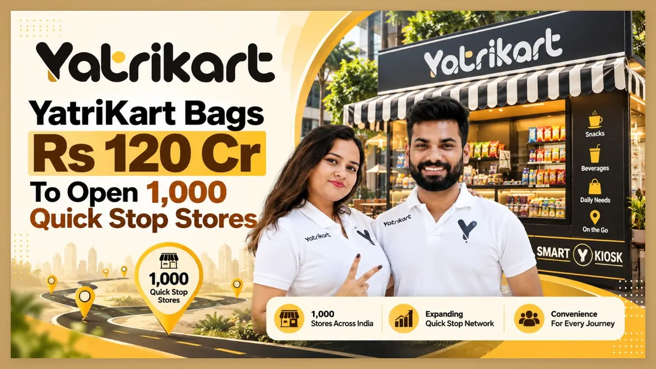 YatriKart founders in front of a Quick Stop smart kiosk after the Rs 120 crore MMG Group partnership to open 1,000 stores